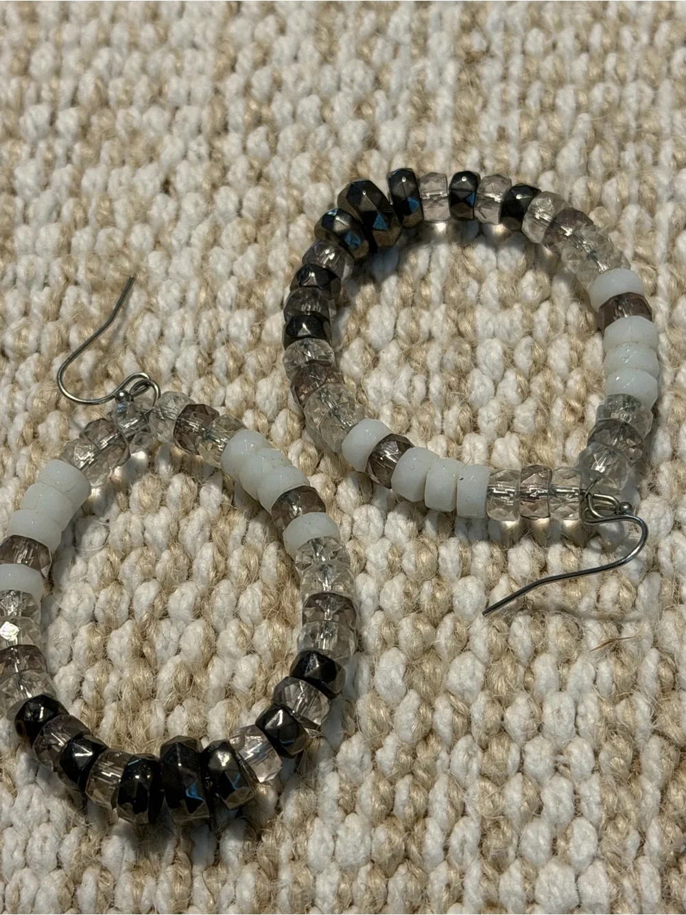 Silver-Tone Hoop Earrings with White and Gray Beads with matching white